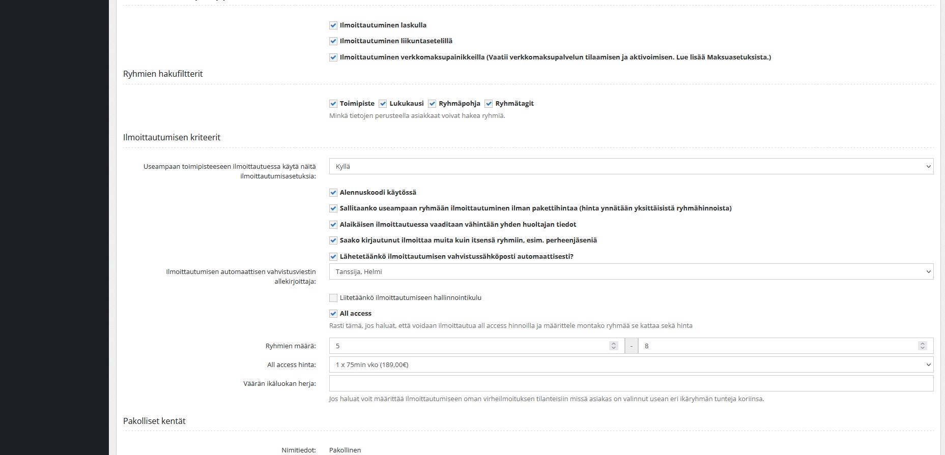 Ilmoittautumisasetukset - IlmoPro