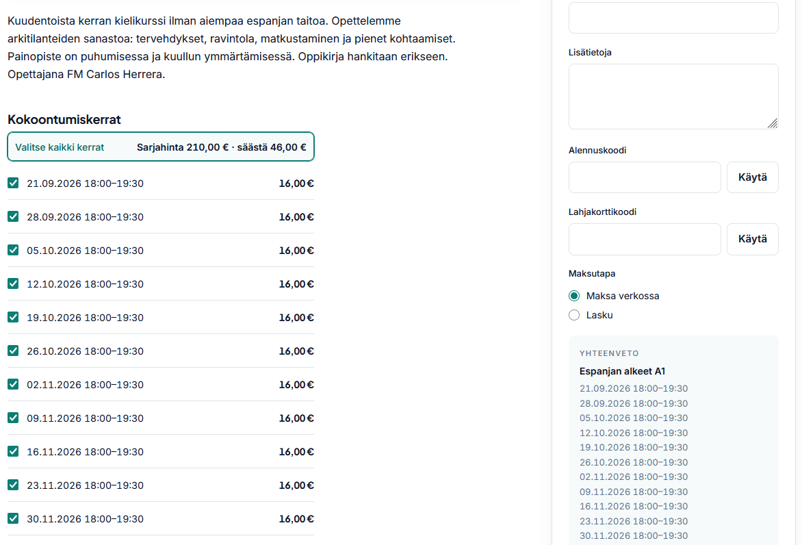 Lukukausikurssin ilmoittautuminen: kaikki 12 kokoontumiskertaa valittuna, sarjahinta 210,00 € ja säästö 46,00 € kertahintoihin verrattuna, sekä alennuskoodi- ja lahjakorttikentät.