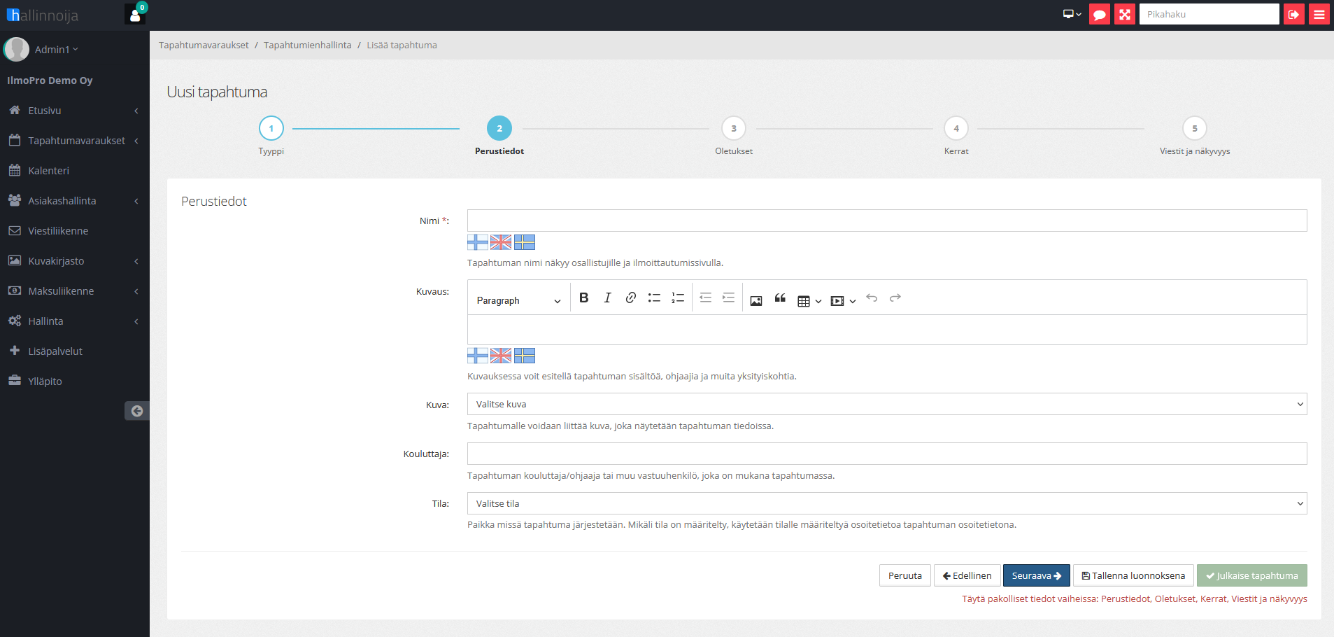 IlmoPron tapahtuman luonti: viisivaiheinen ohjattu luonti, jossa nimen ja kuvauksen voi syöttää suomeksi, englanniksi ja ruotsiksi, sekä kuvan, kouluttajan ja tilan valinta.